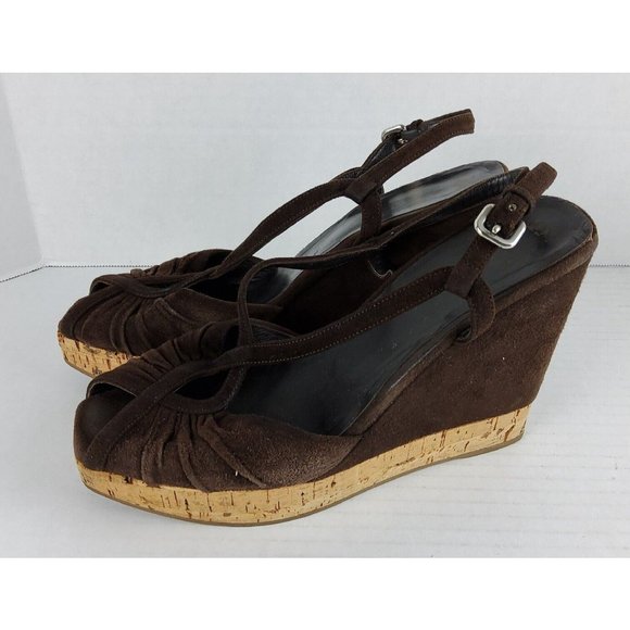 Prada Women's Platform Suede Leather Wedge Heels Sandals Shoes Size 39 - Picture 3 of 7
